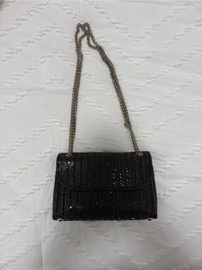 Black Sequin Shoulder Bag with Silver Chain Strap